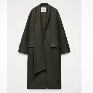 Zara Manteco Wool Coat Khaki Olive Oversized Wool Scarf Coat